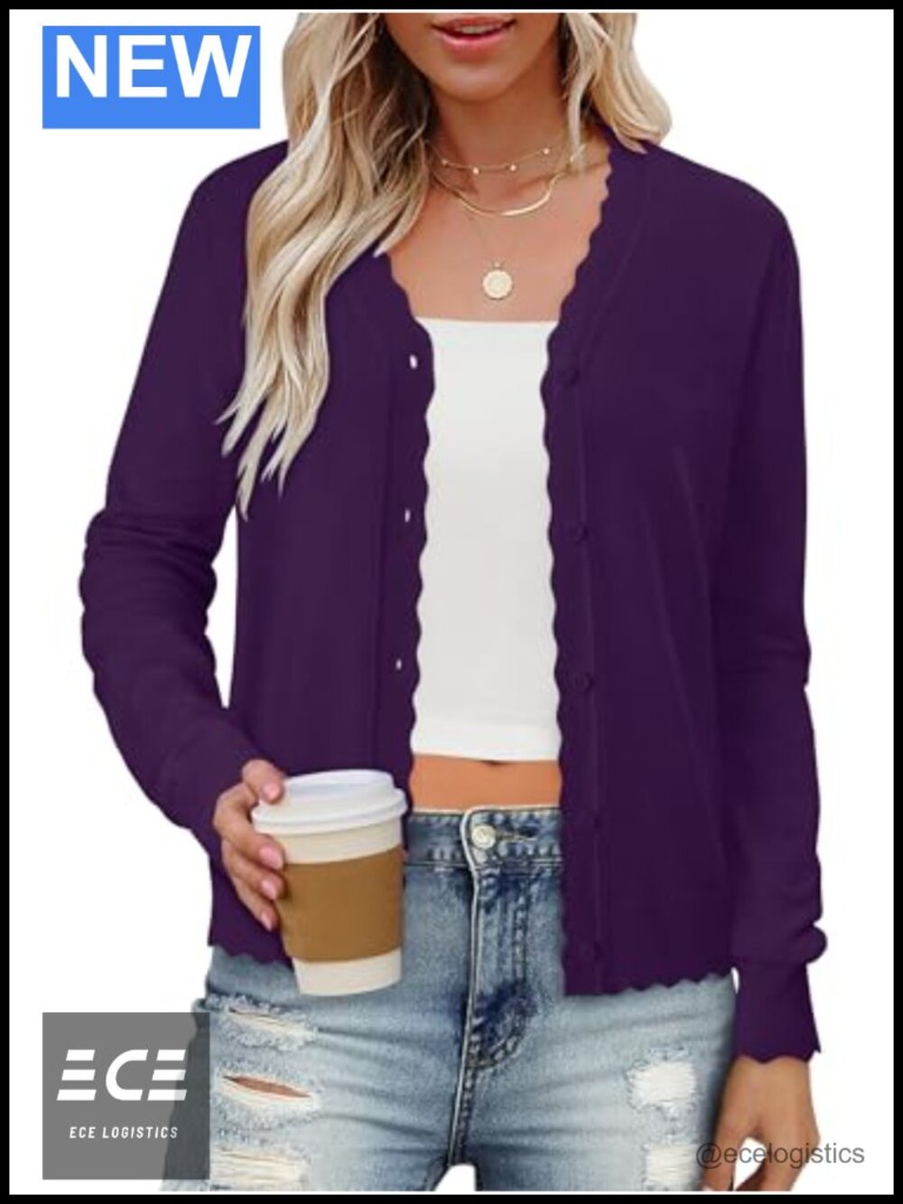 V Neck Button Cardigan Lightweight Ribbed Wave Trim Long Sleeve